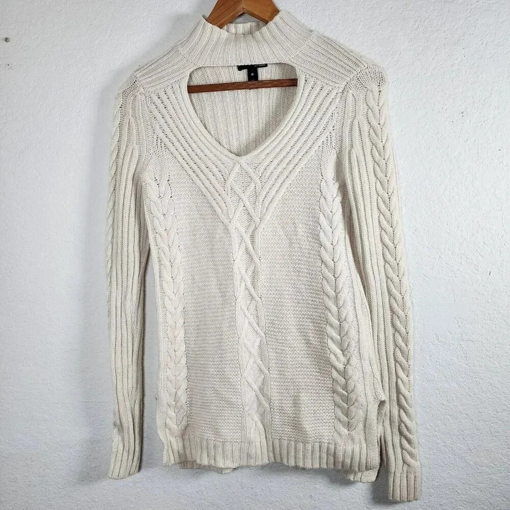 AQUA Sweater Women's S Beige Ribbed Pullover Long Sleeve Crew Neck Open Chest